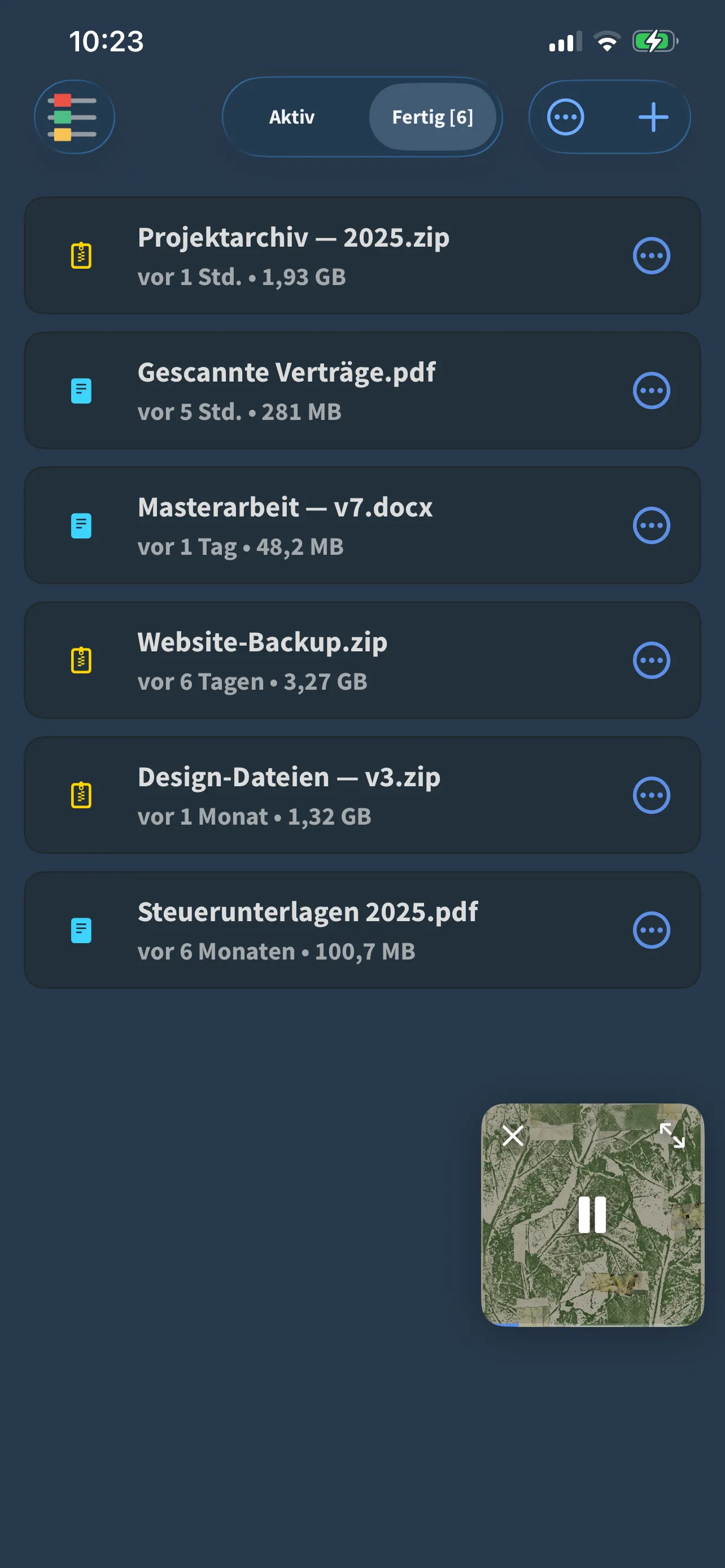 Die Downloadliste von FoxFM mit fertigen ZIP-, PDF- und DOCX-Dateien und ihren Größen