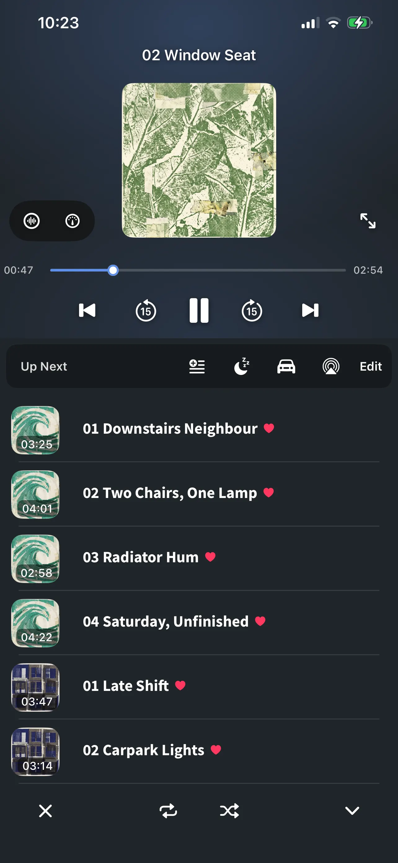 The FoxFM player: artwork, scrubber, skip buttons and the Up Next queue