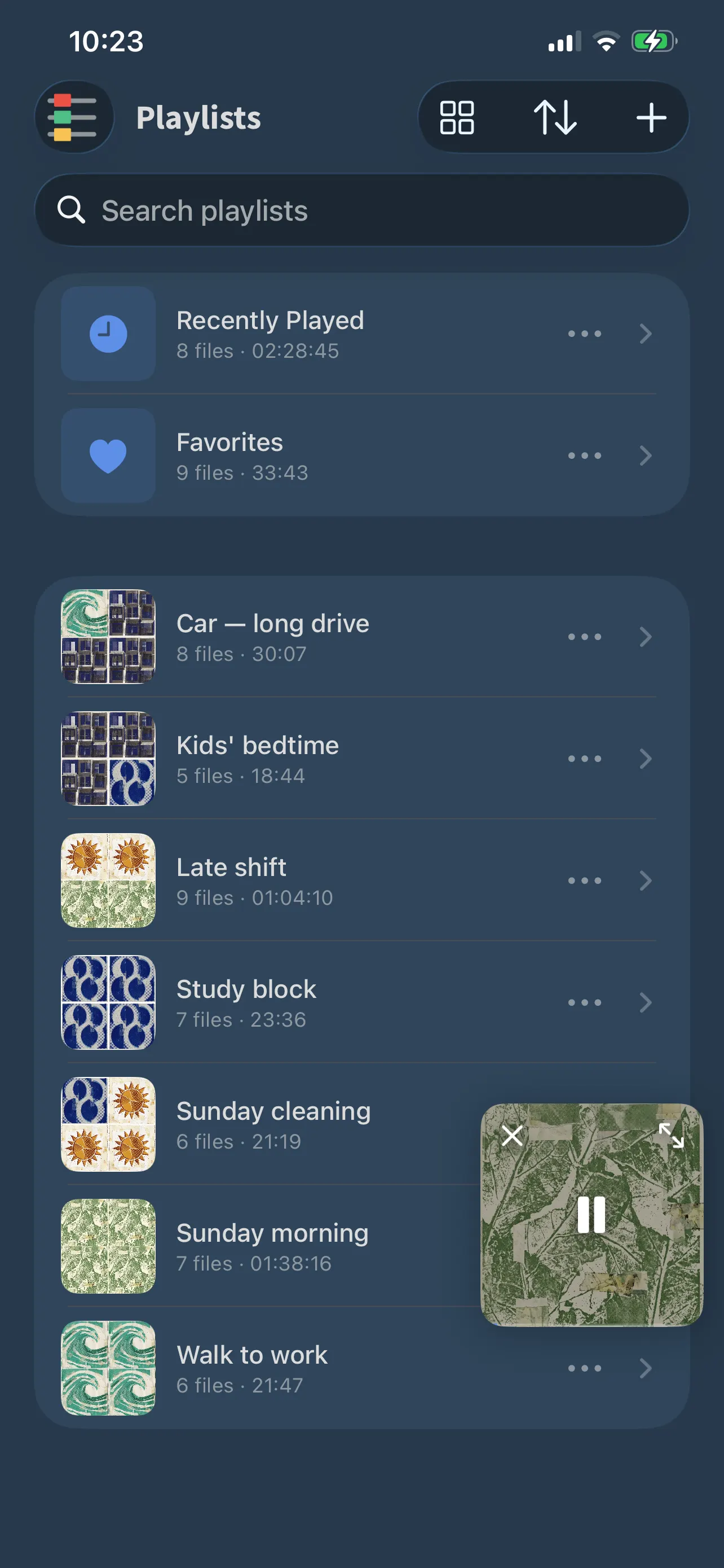 FoxFM’s playlists with collage covers, Recently Played and Favorites at the top