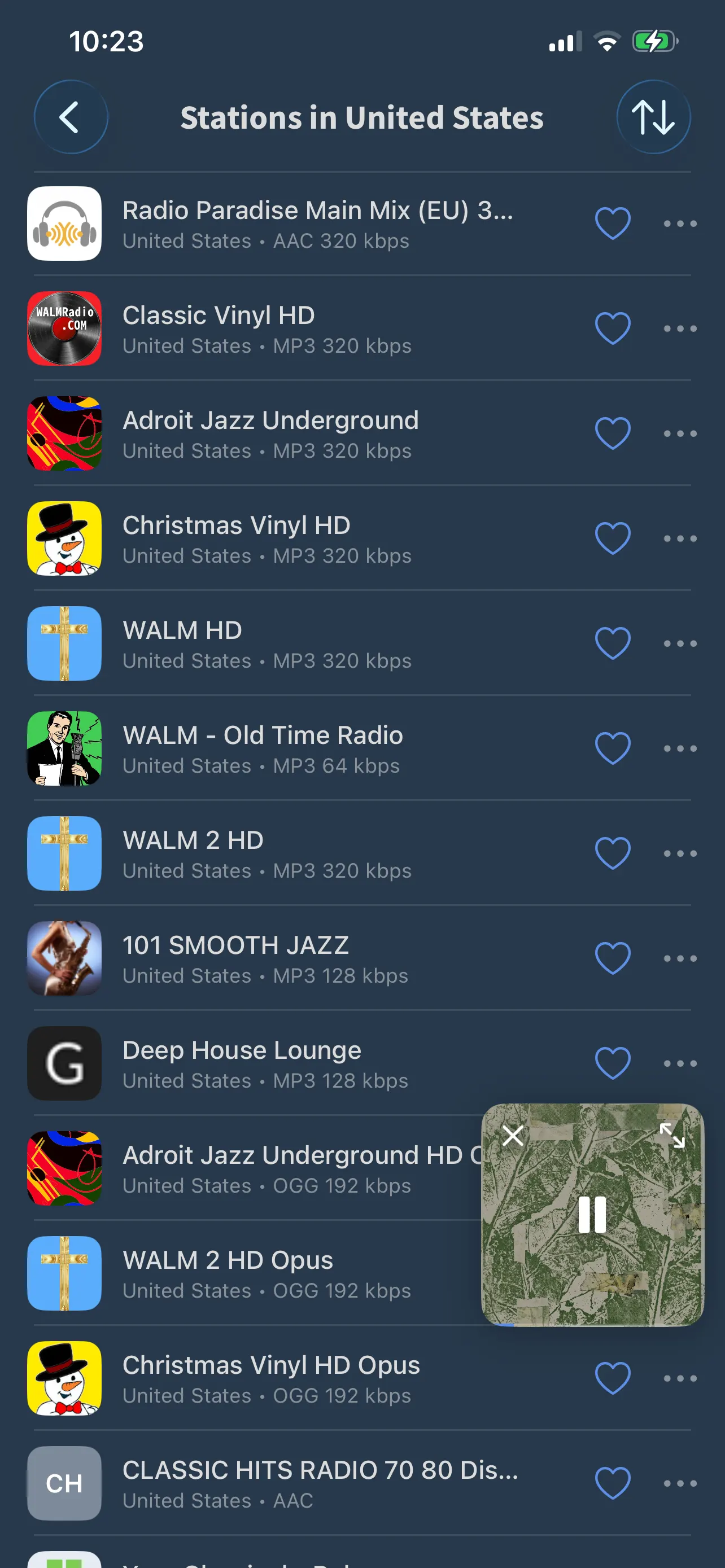A list of radio stations with logos, country, codec and bitrate