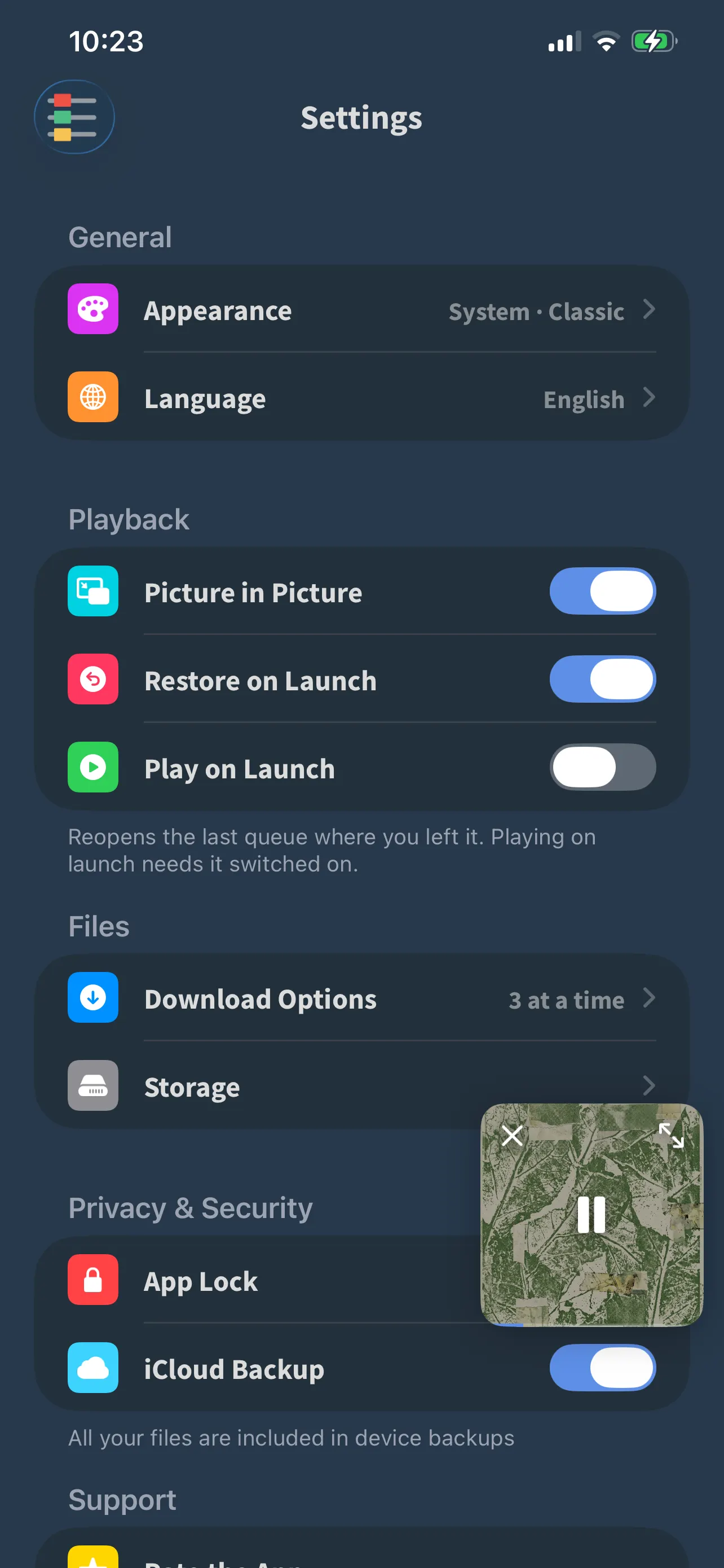 FoxFM’s Settings screen showing Appearance, Language, playback switches and App Lock