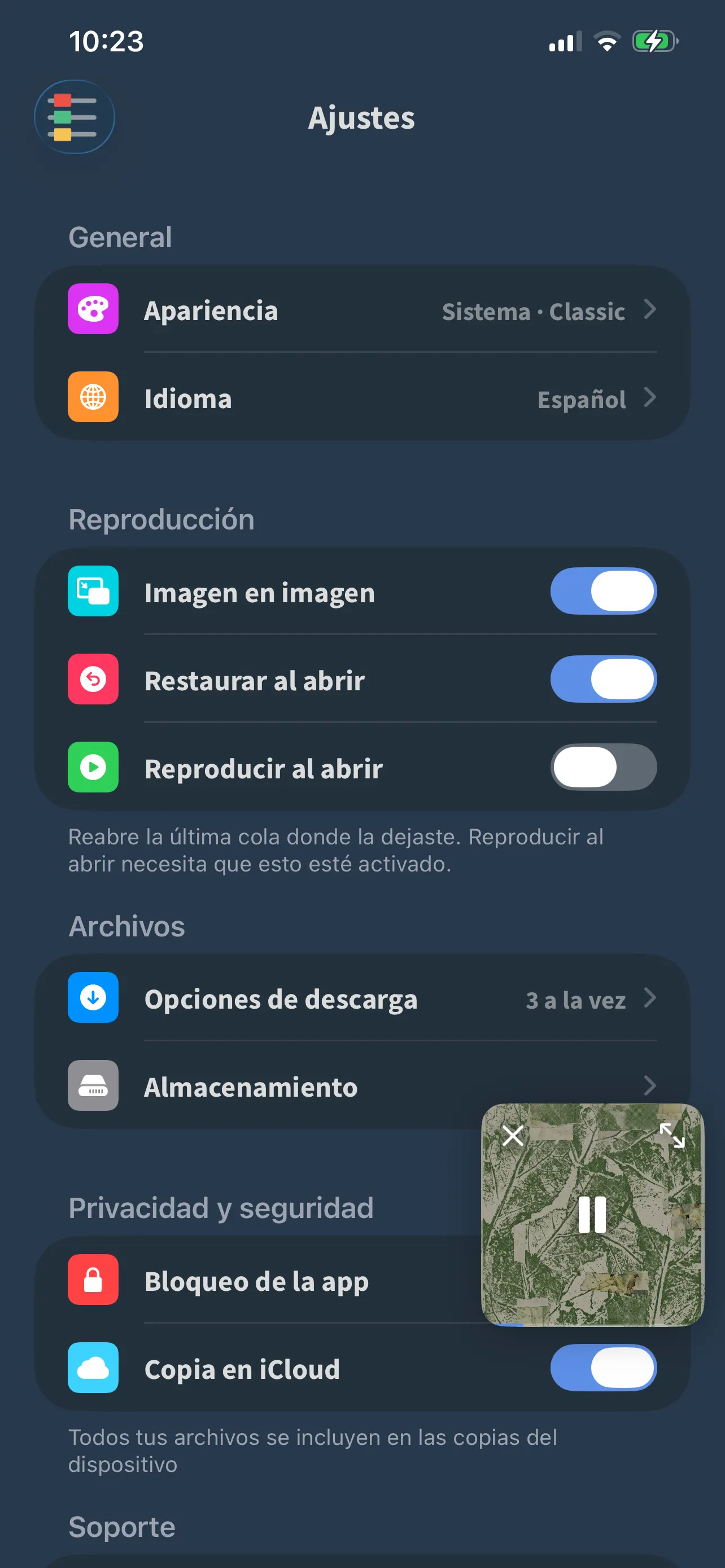 La pantalla de ajustes de FoxFM