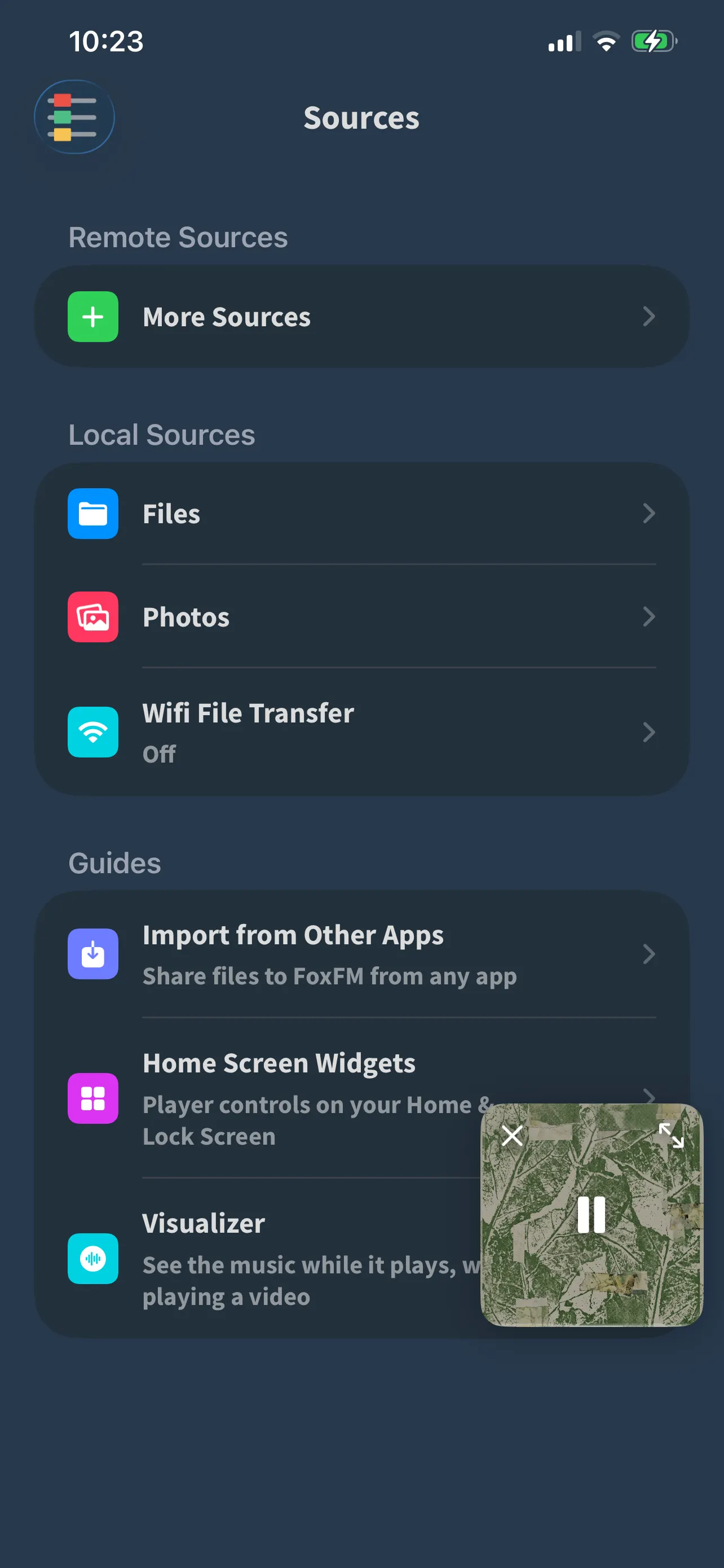 FoxFM’s Sources screen: Files, Photos and Wifi File Transfer, with the Guides section below